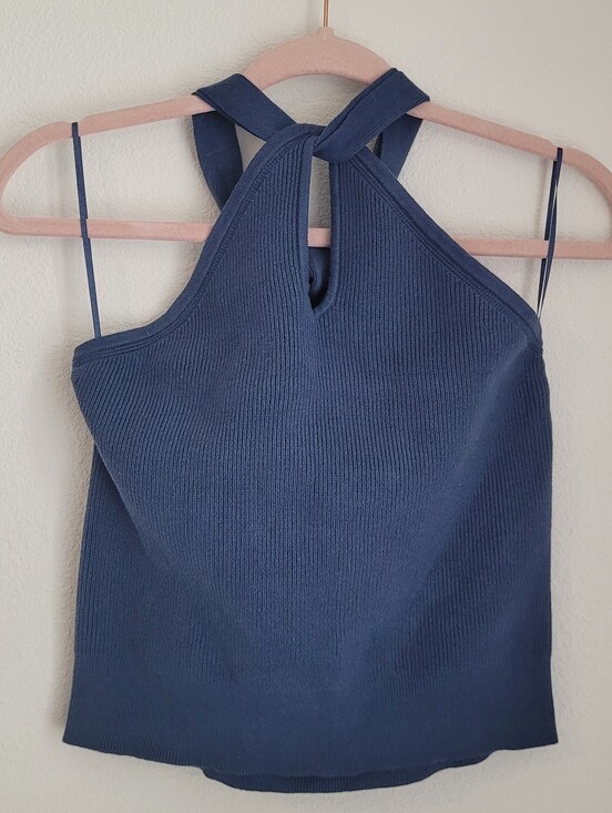 Banana Republic Tops - Banana Republic Halter Sweater Top Size M Blue Ribbed Knit Keyhole Tie NWT